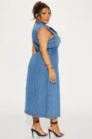 Vintage Wash Denim Maxi Dress - Button Front & Waist Tie - 100% Cotton(Dark Wash,XS)