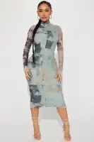 Stylish Mesh Midi Dress with High Neck, Long Sleeves & Hidden Back Zipper – Grey/Combo