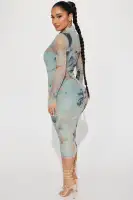 Stylish Mesh Midi Dress with High Neck, Long Sleeves & Hidden Back Zipper – Grey/Combo(Grey/combo,XS)