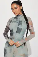 Stylish Mesh Midi Dress with High Neck, Long Sleeves & Hidden Back Zipper – Grey/Combo(Grey/combo,XS)
