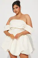 Elegant Cream Satin Mini Dress - Off Shoulder Puff Sleeves & Bubble Hem(Cream,XS)