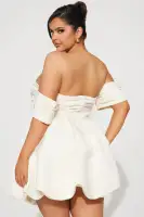 Elegant Cream Satin Mini Dress - Off Shoulder Puff Sleeves & Bubble Hem(Cream,XS)