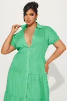 Chic Midi Dress with Puff Sleeves & Tiered Skirt – 65% Cotton, Button-Up Collar – White, Black, Kelly Green(Kelly Green,XS)