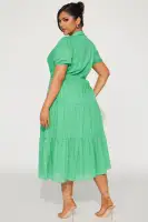 Chic Midi Dress with Puff Sleeves & Tiered Skirt – 65% Cotton, Button-Up Collar – White, Black, Kelly Green(Kelly Green,XS)