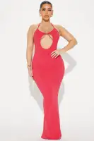 Sexy Cut-Out Maxi Dress – Off White & Raspberry – Stretch Compression Rib Spaghetti Straps