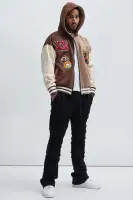 Hooded Embroidered Contrast Panel Long Sleeve Full Zip Casual Jacket(Brown,S)