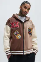 Hooded Embroidered Contrast Panel Long Sleeve Full Zip Casual Jacket(Brown,S)