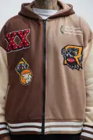Hooded Embroidered Contrast Panel Long Sleeve Full Zip Casual Jacket(Brown,S)
