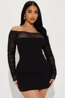 Sexy Black Off-Shoulder Mini Dress with Mesh Long Sleeves & Ruched Detail