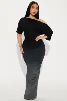 Off-Shoulder Ribbed Maxi Dress – Stretchy Ruched Short Sleeve in Pink & Black (96% Rayon, 4% Spandex)