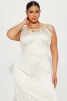 Elegant Beige Crochet Maxi Dress – Sleeveless High Neckline with Stretch Lining(Beige,XS)