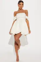 Elegant Cream Satin Mini Dress - Off Shoulder Puff Sleeves & Bubble Hem