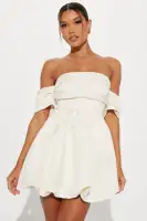 Elegant Cream Satin Mini Dress - Off Shoulder Puff Sleeves & Bubble Hem(Cream,XS)