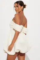 Elegant Cream Satin Mini Dress - Off Shoulder Puff Sleeves & Bubble Hem(Cream,XS)