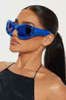 Shield Sunglasses with Plastic Frame and Mirror Lens - Available in Blue and Silver