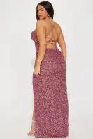 Elegant Pink Sequin Maxi Dress with Adjustable Tie Back & Cowl Neck – Stretchy & Lined(Pink,XS)