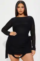 Elegant Black Mesh Mini Dress with High Neck, Long Sleeves & Ruched Rosette Detail – Stretchy & Lined(Black,XS)