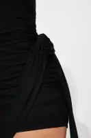 Elegant Black Mesh Mini Dress with High Neck, Long Sleeves & Ruched Rosette Detail – Stretchy & Lined(Black,XS)