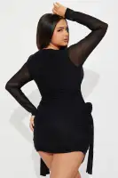 Elegant Black Mesh Mini Dress with High Neck, Long Sleeves & Ruched Rosette Detail – Stretchy & Lined(Black,XS)