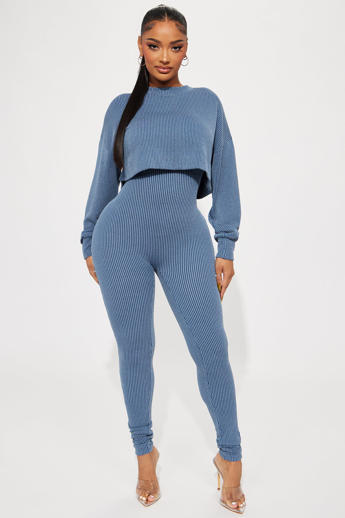 Ribbed Long Sleeve Romper with Deep V-Neck & Lace-Up Detail – Stretchy Cotton Blend