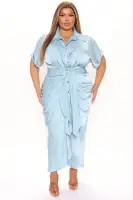 Elegant Satin Midi Dress with Collar & Tie Waist - Available in Yellow & Blue(Blue,XS)