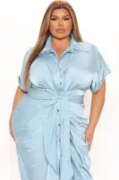 Elegant Satin Midi Dress with Collar & Tie Waist - Available in Yellow & Blue(Blue,XS)