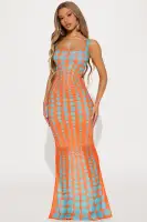 Stylish Mesh Maxi Dress - Sleeveless Square Neck, Stretch Lined, Available in Black, Brown & Orange