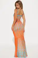 Stylish Mesh Maxi Dress - Sleeveless Square Neck, Stretch Lined, Available in Black, Brown & Orange(Orange,S)