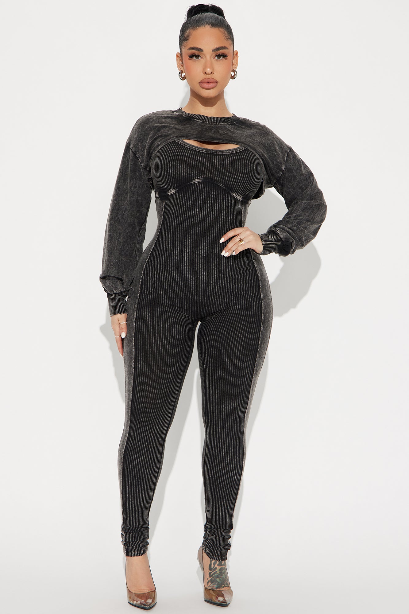 Scoop Neck Long Sleeve Jumpsuit Set with Seam Detail Stretch Legging