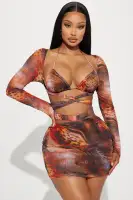 Sexy Mesh Mini Dress Set with Removable Bikini Top & Cut-Out Details – Orange/Combo(Orange/combo,XS)