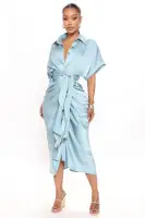 Elegant Satin Midi Dress with Collar & Tie Waist - Available in Yellow & Blue