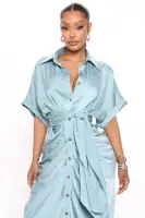 Elegant Satin Midi Dress with Collar & Tie Waist - Available in Yellow & Blue(Blue,XS)