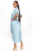 Elegant Satin Midi Dress with Collar & Tie Waist - Available in Yellow & Blue(Blue,XS)