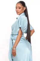 Elegant Satin Midi Dress with Collar & Tie Waist - Available in Yellow & Blue(Blue,XS)