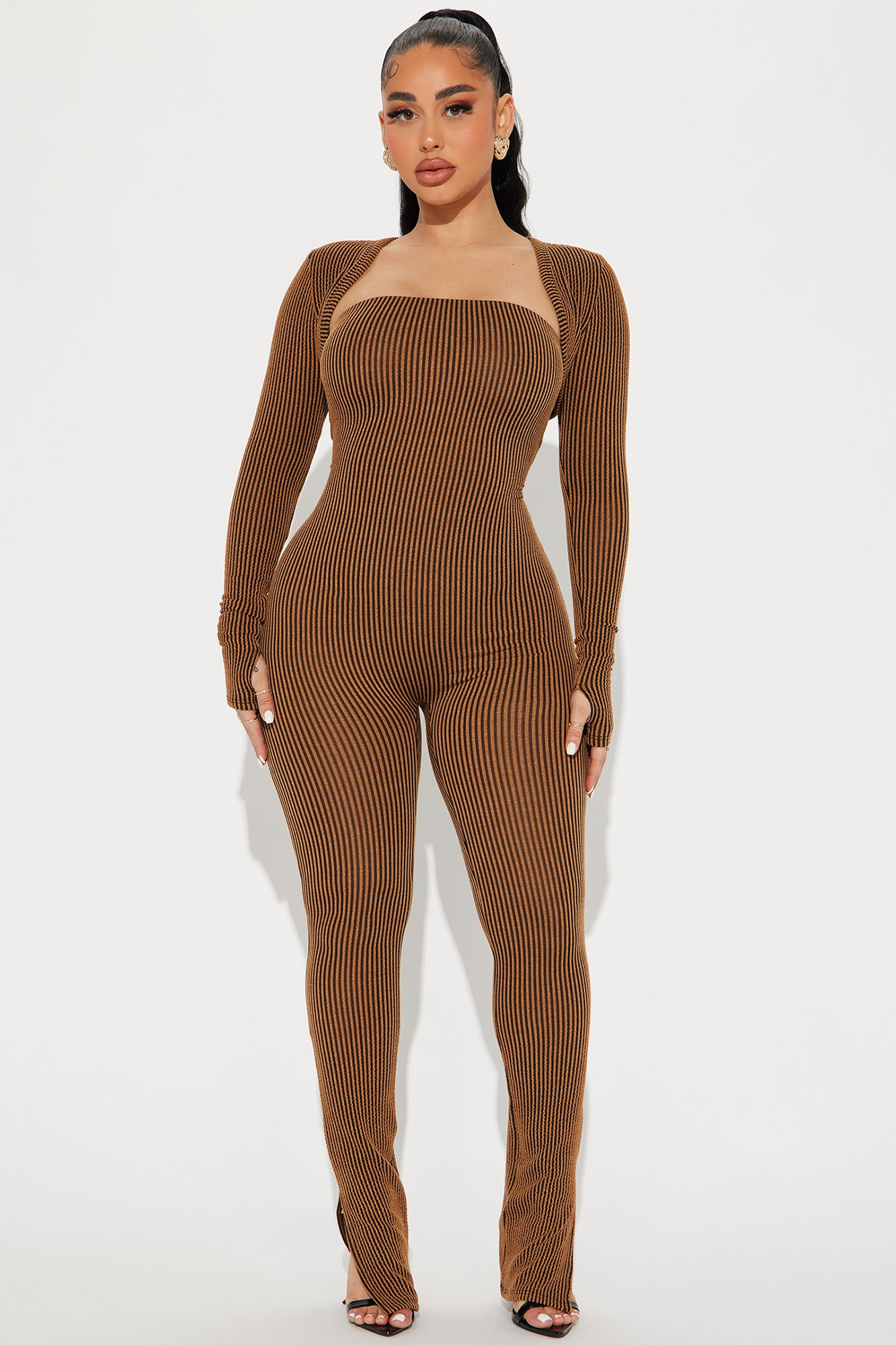 Long Sleeve Bolero Jumpsuit Set Straight Neckline Ankle Split Stretch Inseam Overalls