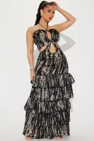 Elegant Black Satin Maxi Dress with Criss Cross Front, Cut Outs & Open Back Tie Detail