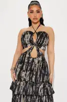 Elegant Black Satin Maxi Dress with Criss Cross Front, Cut Outs & Open Back Tie Detail(Black,XS)