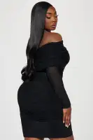 Sexy Black Mesh Mini Dress - Off Shoulder Long Sleeve Sheer Ruched Stretchy Party Outfit(Black,XS)