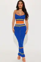 Elegant Blue Maxi Dress with Scoop Neck & Decorative Buttons – Stretchy Viscose & Nylon Blend
