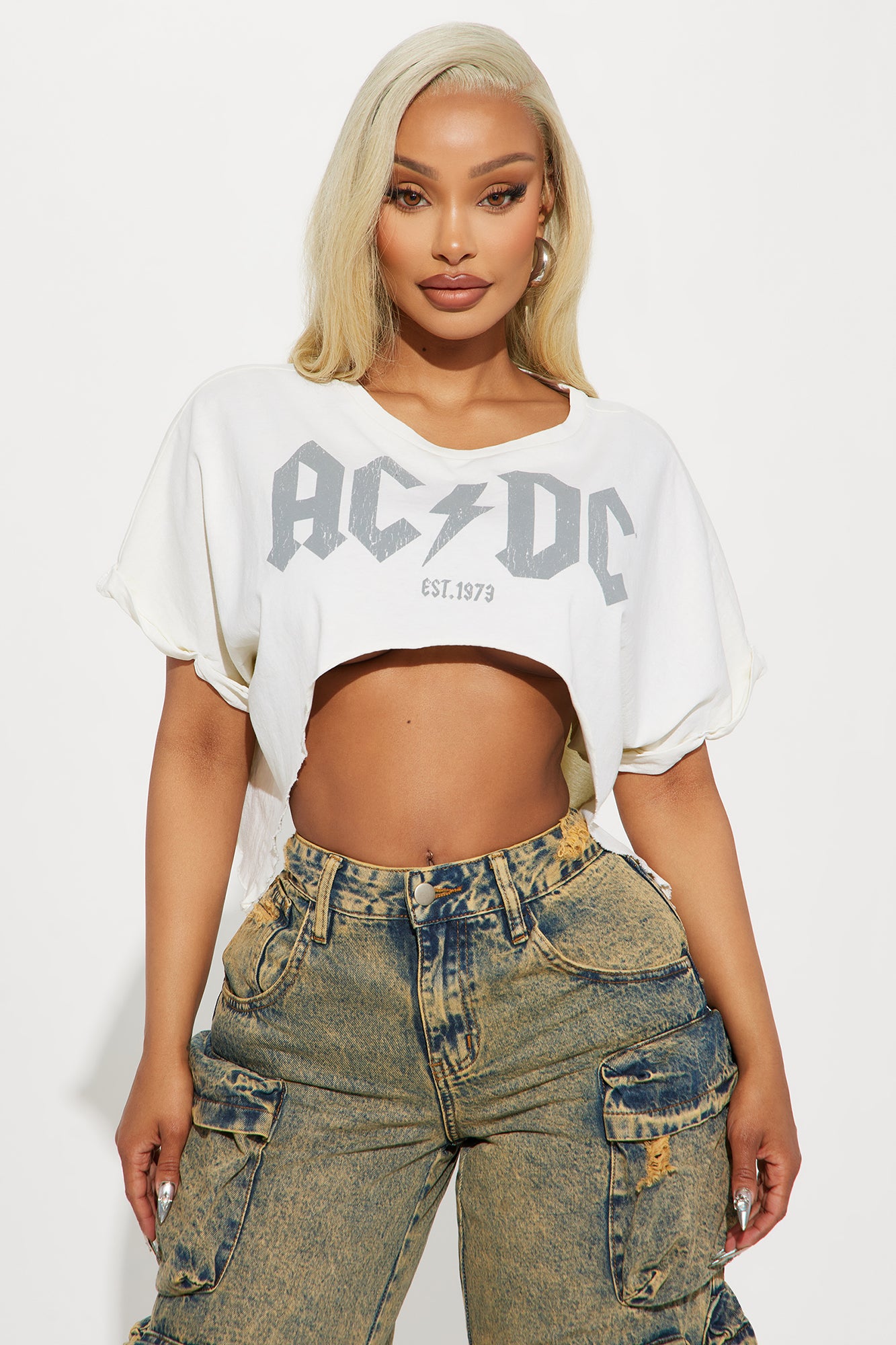 Vintage ACDC Graphic Cropped Crew Neck Tee - Washed Cotton Stretch Fit - Unique Distressed Look