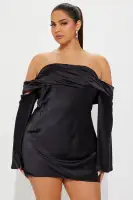 Elegant Off-Shoulder Satin Mini Dress with Bell Sleeves & Back Zipper – Ivory & Black(Black,regular,XS)