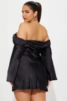 Elegant Off-Shoulder Satin Mini Dress with Bell Sleeves & Back Zipper – Ivory & Black(Black,regular,XS)