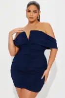 Off-Shoulder Mini Dress with V-Wire & Ruched Back – Tan & Navy – Stretchy & Flirty (33 Length)(Navy,XS)