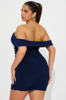 Off-Shoulder Mini Dress with V-Wire & Ruched Back – Tan & Navy – Stretchy & Flirty (33 Length)(Navy,XS)