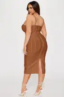 Elegant Corset Waist Bandage Midi Dress with Adjustable Straps – Camel & Wine(Camel,XS)