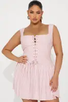Elegant Jacquard Mini Dress - Sleeveless Square Neckline with Lace-Up Front & Pleated Skirt(Pink,XS)