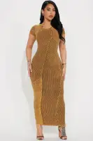 Elegant Mocha Midi Dress - High Neck, Short Sleeve & Stretchy Cotton-Spandex Blend