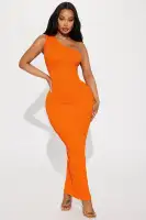 Elegant Orange Textured One-Shoulder Maxi Dress – Stretchy Polyester Blend