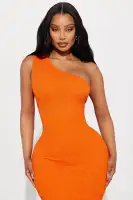 Elegant Orange Textured One-Shoulder Maxi Dress – Stretchy Polyester Blend(Orange,XS)