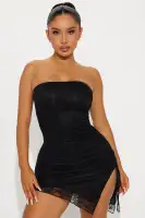 Elegant Strapless Ruched Mini Dress with Asymmetrical Hem - Black, White, Tan